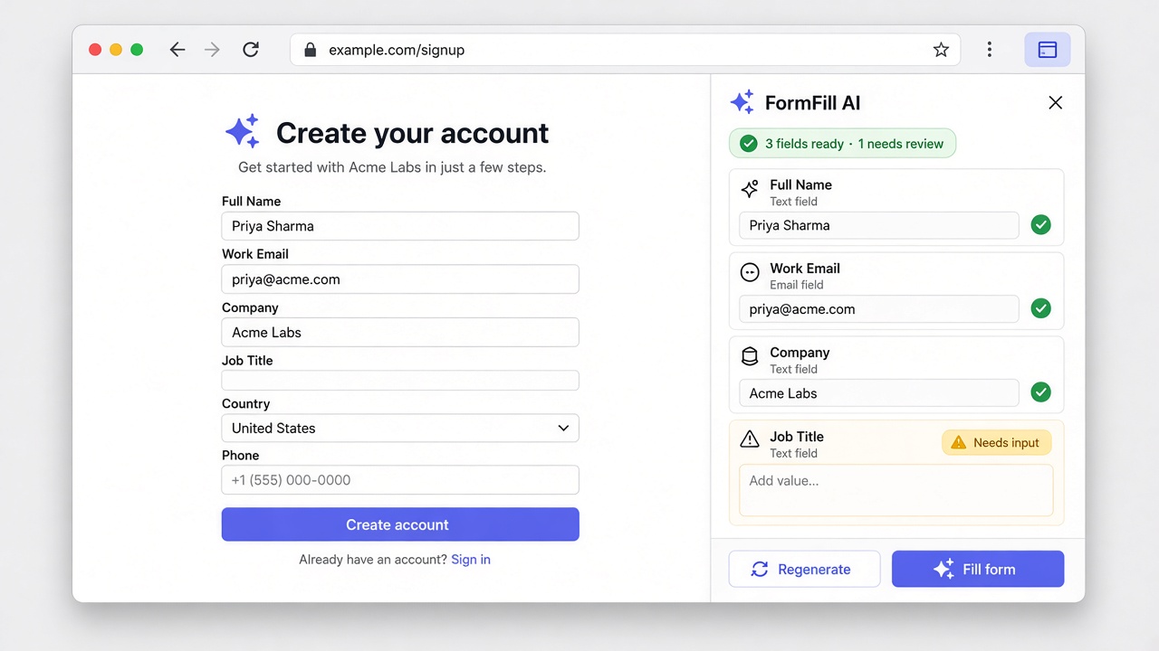 FormFill Chrome extension popup with a short tab code, the page URL, and a Review and fill button.
